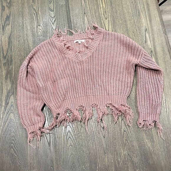 Love Tree Sweaters - Love Tree Cropped Sweater Knitted Frayed Edge V-Neck Long Sleeves Pink Size S